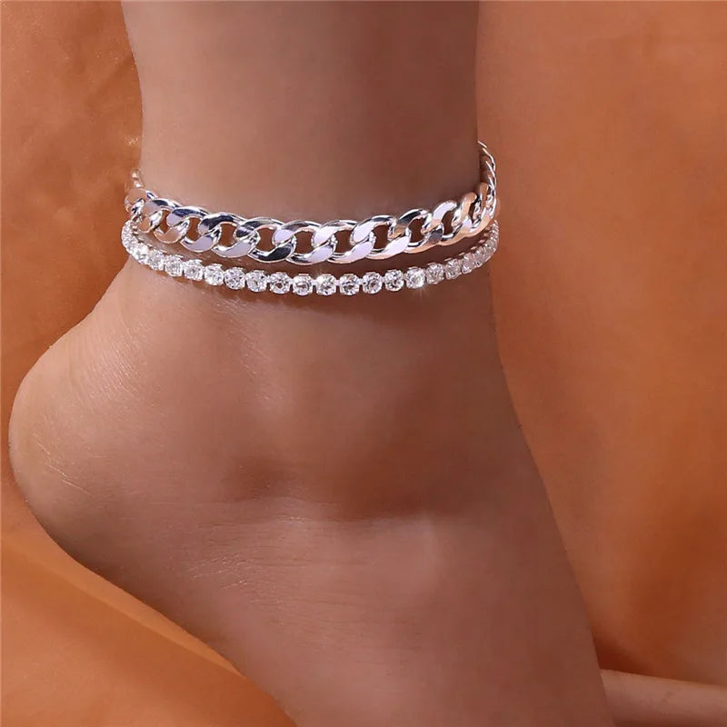 Rhinestone Chain Women's Anklets Silver Color/Gold Color - Brileon