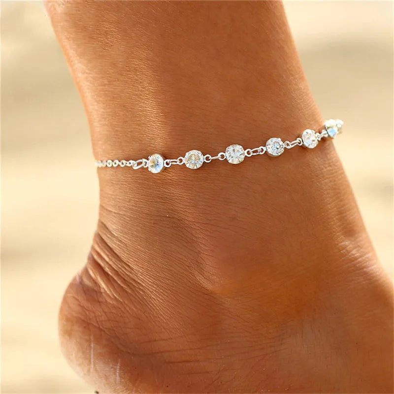 Rhinestone Chain Women's Anklets Silver Color/Gold Color - Brileon